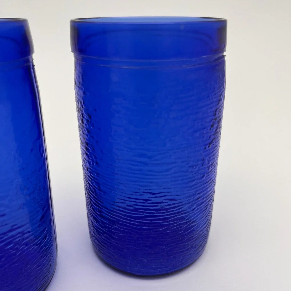 Vintage Cobalt Blue Textured Bark Glass Tumblers Set of 2 Drinking Glasses